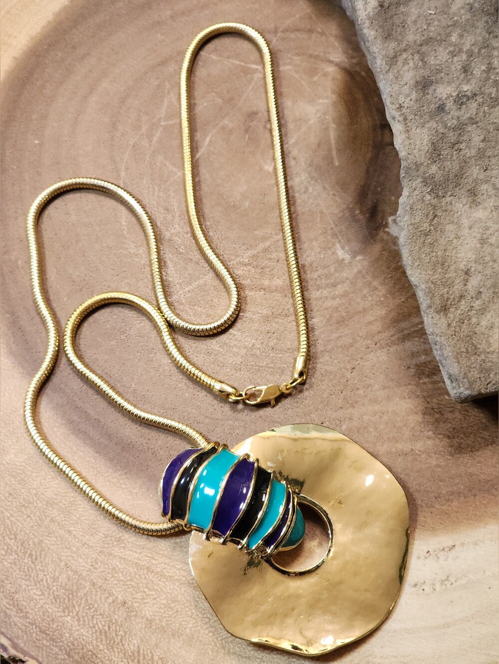 Gold Toned Snake Chain Necklace with Teal, Blue & Black Enamel Pendant - Picture 4 of 9